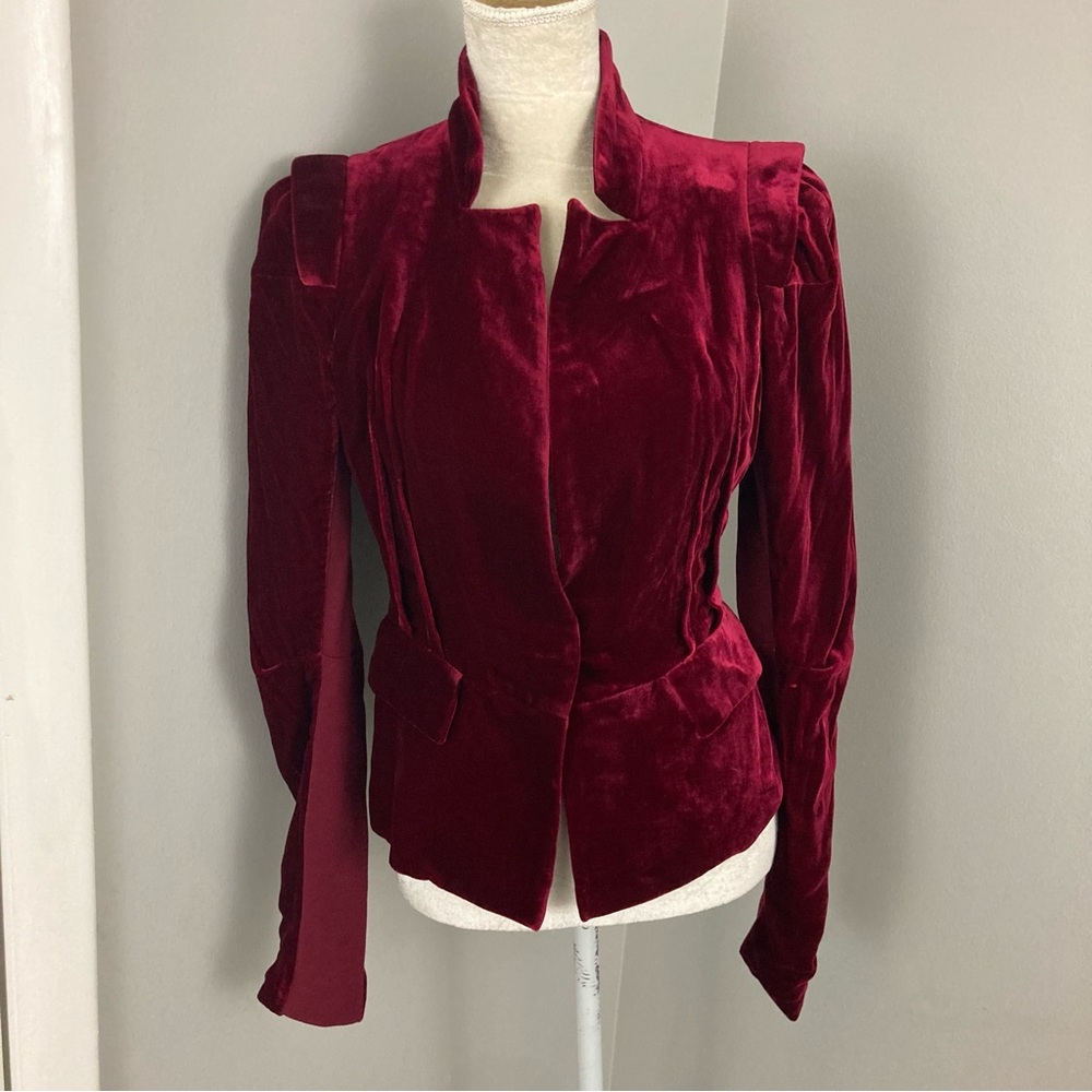 BCBG dark romantic Victorian red sangria velvet blazer jacket puff sleeve size S